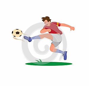 Captain of football player kicking ball, striker shooting ball to make goal cartoon flat illustration vector isolated in white photo