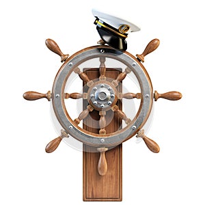 Captain hat on ship wheel isolated on white background 3d rendering