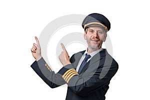 Captain in pilot uniform with 4 golden stripes points in the air