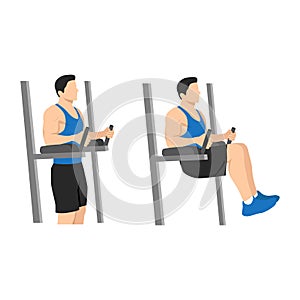 Captain`s chair leg,knee,hip raises exercise. Flat vector illustration