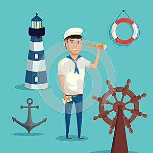 Captain or sailor with spyglass and lighthouse, anchor and wooden steering wheel of ship or boat, lifebuoy or ring buoy