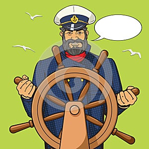 Captain and ship steering wheel pop art vector photo