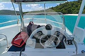 Captains bridge, deckhouse with steering wheel and controls on p