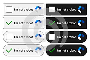 Captcha. Im Not a Robot. Robot verification recaptcha. Captcha with buttons for start testing. Computer random captcha