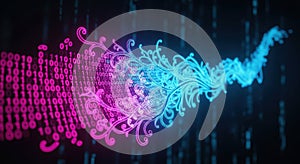Artificial Intelligence Big Data Flow Digital Binary Code Transformation with Neon Pink Blue Abstract Tech Background