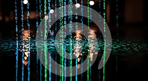 Abstract representation of digital data flow with glowing binary code numbers on a reflective surface.