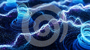 Abstract blue and purple data stream network with swirling light patterns and digital connectivity concept