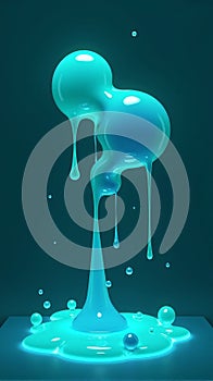 Luminescent Cyan Liquid Dripping and Pooling on a Dark Teal Reflective Surface in a Modern Abstract photo
