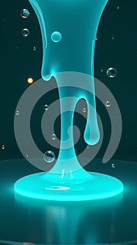 Luminescent Cyan Liquid Dripping and Pooling on a Dark Teal Reflective Surface in a Modern Abstract photo
