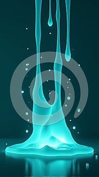 Luminescent Cyan Liquid Dripping and Pooling on a Dark Teal Reflective Surface in a Modern Abstract photo