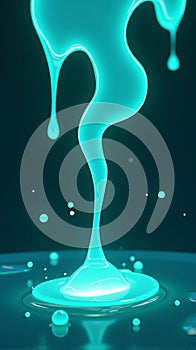 Luminescent Cyan Liquid Dripping and Pooling on a Dark Teal Reflective Surface in a Modern Abstract photo