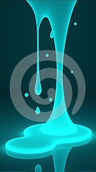 Luminescent Cyan Liquid Dripping and Pooling on a Dark Teal Reflective Surface in a Modern Abstract photo