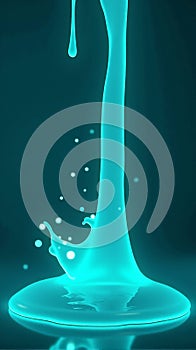 Luminescent Cyan Liquid Dripping and Pooling on a Dark Teal Reflective Surface in a Modern Abstract photo