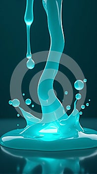 Luminescent Cyan Liquid Dripping and Pooling on a Dark Teal Reflective Surface in a Modern Abstract photo