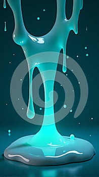 Luminescent Cyan Liquid Dripping and Pooling on a Dark Teal Reflective Surface in a Modern Abstract photo