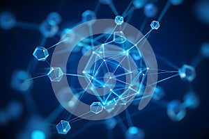 Abstract blue network structure with connected nodes representing data flow and communication technology