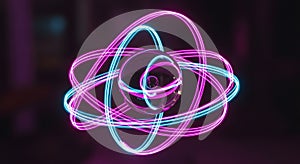 Abstract Atomic Structure with Glowing Neon Lines