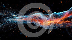 Abstract visualization of dynamic energy flow or data stream with vibrant glowing particles.