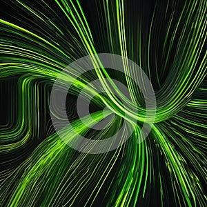 A captivating abstract wallpaper with lively green neon lines dancing energetically over a dark black canvas, leaving trails of