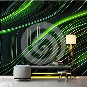 A captivating abstract wallpaper with lively green neon lines dancing energetically over a dark black canvas, leaving trails of