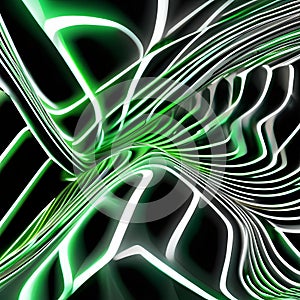 A captivating abstract wallpaper with lively green neon lines moving dynamically in a 3D space, leaving glowing traces on a pitc photo