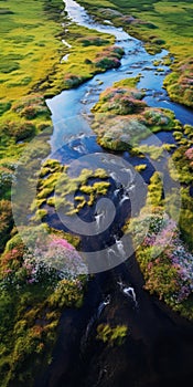 Captivating Aerial Photography Of A Serene Stream Amidst Beautiful Flowers