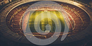 captivating aerial top-down view of a soccer stadium filled with people at the evening. Generative AI