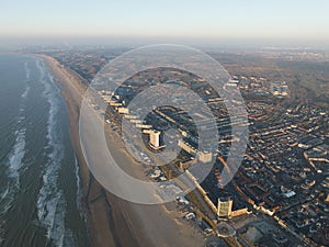 A captivating aerial view of the Zandvoort coast at sunset, highlighting the stunning beauty of the Dutch seaside town.