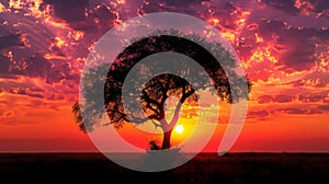 Captivating African panorama showcases the silhouette of a tree against the vibrant hues of a breathtaking sunset, evoking a sense