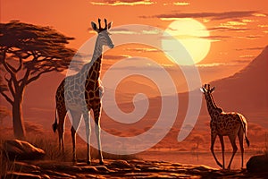 Captivating african savannah. majestic giraffes roaming amidst the golden glow of a stunning sunset