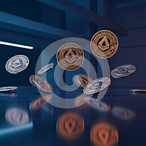 AI Generated 3D Rendering of Ethereum Coin Encased in Clear Cube photo