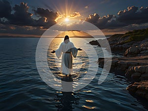 Jesus Walking on the Sea at Sunset Created by AI Technology photo