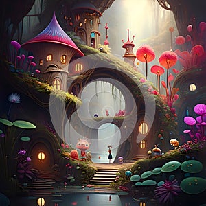 AI Generated: Whimsical Fantasy Landscape with Mushroom Houses and Small Creatures photo