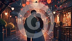 captivating anime illustration featuring an adorable young couple expressing deep affection and love