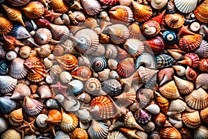 A captivating arrangement of colorful seashells, artfully spread out in a big pile,