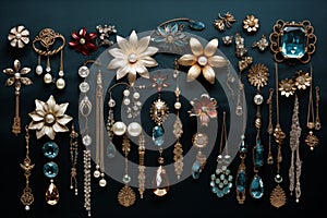 Captivating arrangement of shimmering jewelry on velvet backdrop. Generative AI