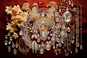 Captivating arrangement of shimmering jewelry on velvet backdrop. Generative AI photo