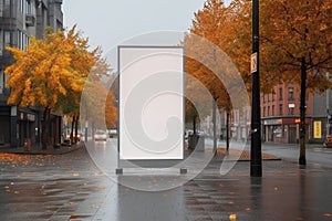 Captivating autumn display, blank vertical outdoor billboard mockup on city street