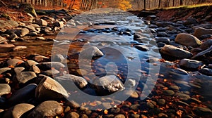 Captivating Autumn Landscape: Water Flowing Through Boulders In Vibrant Colors