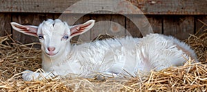 Captivating baby goat with stunning blue eyes in a charming rustic barn ambiance
