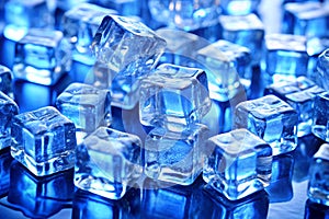 Blue ice cubes. A background of ice cubes lit in blue light