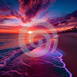 Captivating beach sunset, with fiery orange and purple hues reflected in the calm ocean