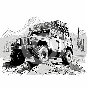 Captivating Black And White Jeep Illustration In John Blanche Style