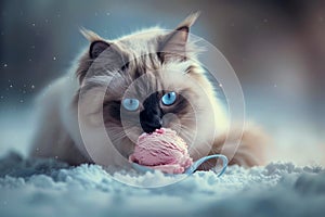 Captivating Blue Eyed Birman Cat Enjoying Playtime with Pink Ball of Yarn on Wintry Day, Perfect for Pet Lovers and Lifestyle