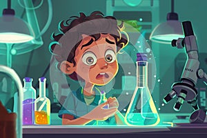 Captivating cartoon depiction of a young, wide-eyed student conducting science experiments, surrounded by glowing