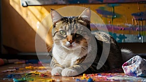 A captivating cat portrait with expressive paint splashes