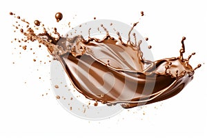 Captivating chocolate splash suspended in mid air on white background, exuding irresistible allure.