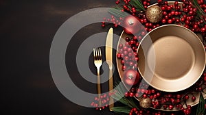 Captivating Christmas Table Setting: Close-Up View of Festive Dinner Plate on a Light Background