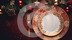 Captivating Christmas Table Setting: Close-Up View of Festive Dinner Plate on a Light Background
