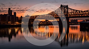 Captivating cityscape with illuminated bridge and stunning reflection on river evening sunset